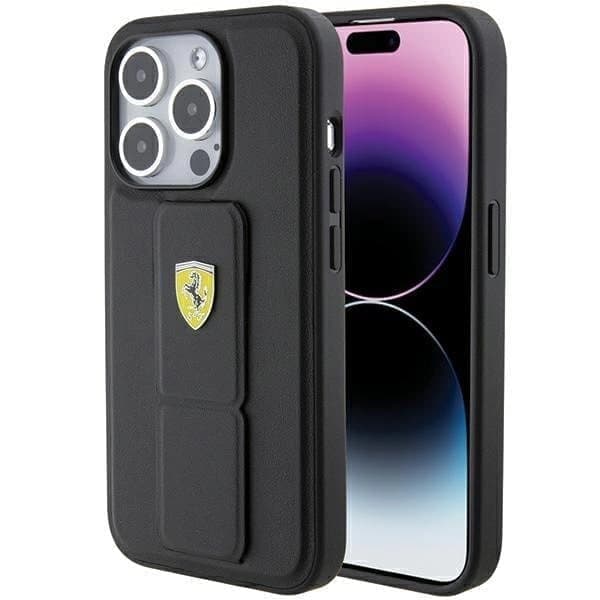 Ferrari Grip Stand Metal Logo beskyttelsesdeksel til iPhone 15 Pro Max - svart