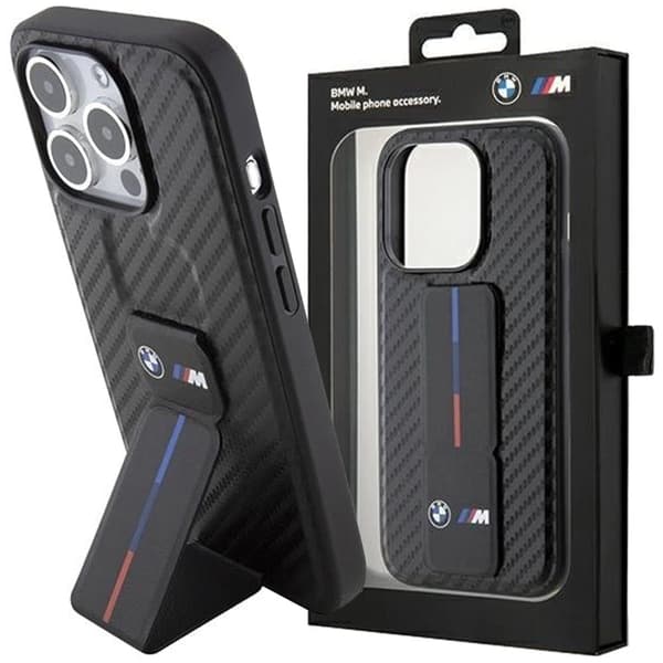 BMW Grip Stand Smooth & Carbon beskyttelsesdeksel til iPhone 15 Pro - svart