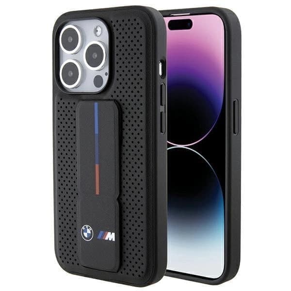 BMW Grip Stand glatt og perforert deksel til iPhone 15 Pro Max - Svart