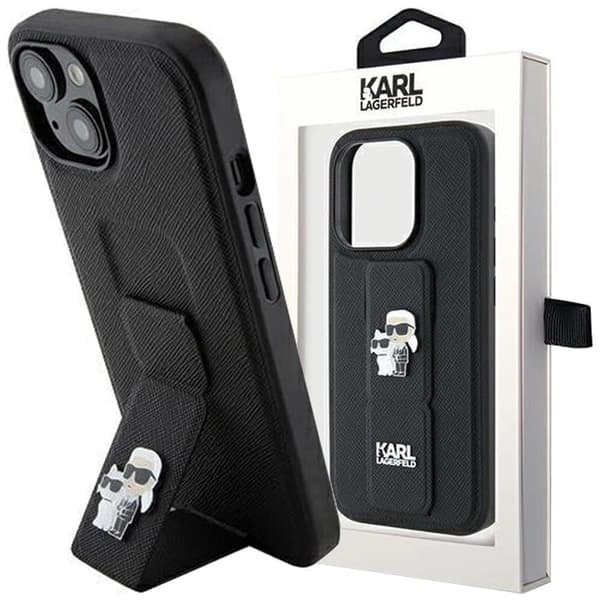 Karl Lagerfeld Gripstand Saffiano Karl&Choupette Pins beskyttelsesdeksel for iPhone 15 Plus / 14 Plus - svart