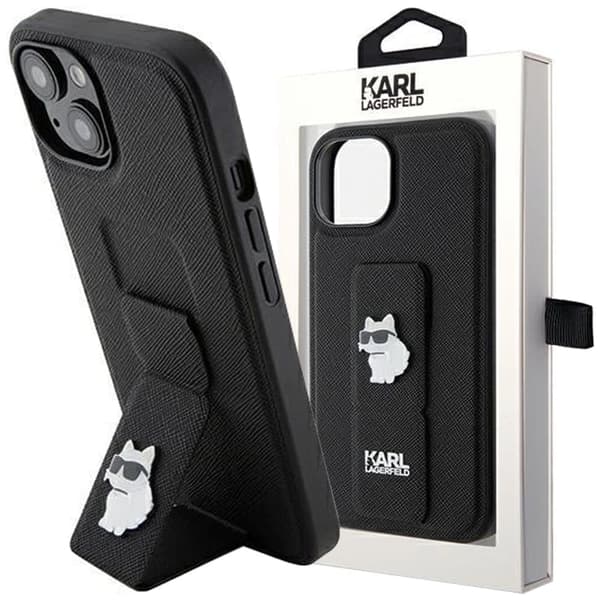 Karl Lagerfeld Gripstand Saffiano Choupette Pins-deksel til iPhone 15 - Svart