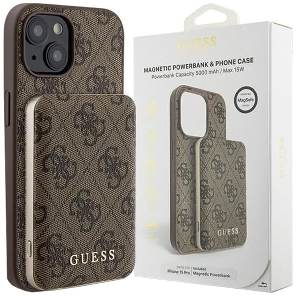 Guess 4G Metal Logo-dekselsett for iPhone 15 + 5000mAh MagSafe powerbank - brun