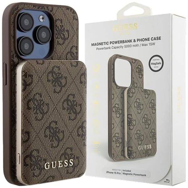 Guess 4G Metal Logo-dekselsett for iPhone 15 Pro Max + 5000mAh MagSafe powerbank - brun