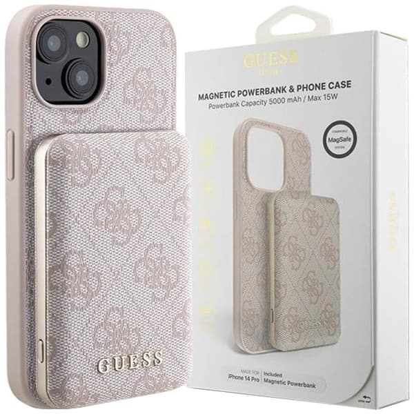 Guess 4G Metal Logo-dekselsett for iPhone 15 + 5000mAh MagSafe powerbank - rosa