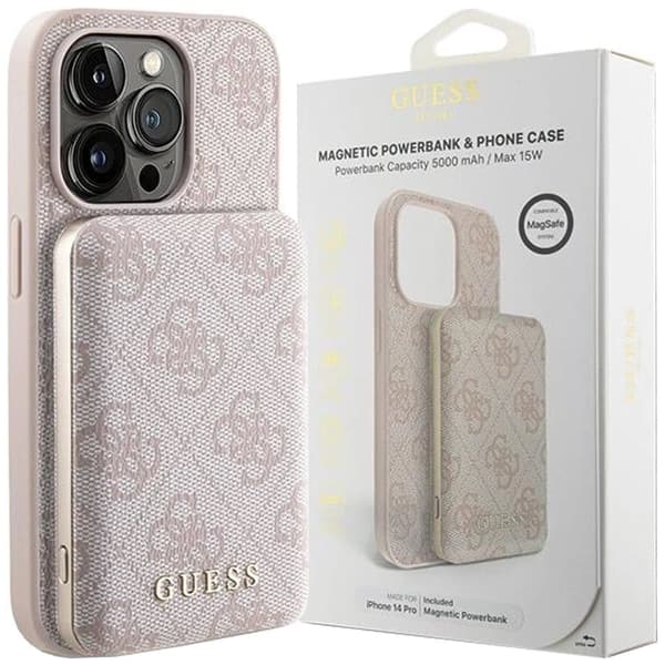 Guess 4G Metal Logo-dekselsett for iPhone 15 Pro + 5000mAh MagSafe powerbank - rosa