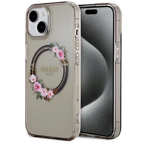 Guess IML Flowers Wreath MagSafe beskyttelsesdeksel til iPhone 15/14/13 - svart