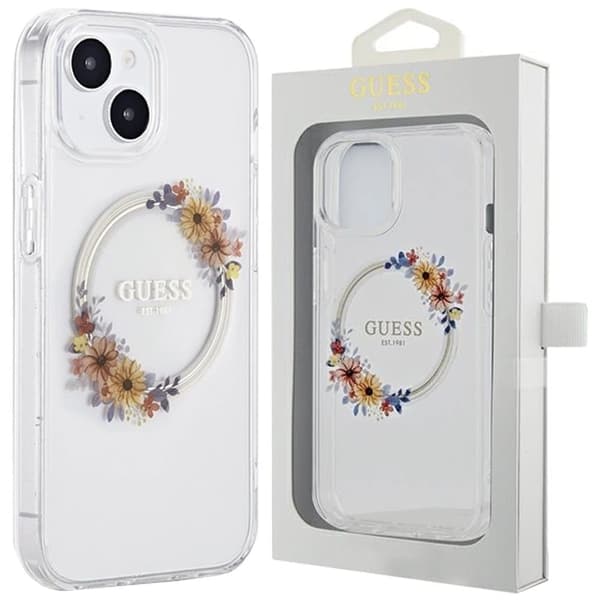 Guess IML Flowers Wreatch MagSafe beskyttelsesdeksel til iPhone 15/14/13 - Gjennomsiktig