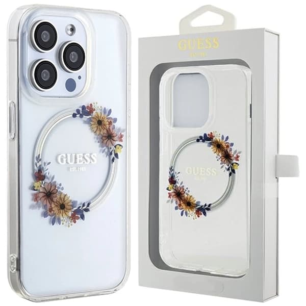 Guess IML Flowers Wreatch MagSafe-deksel til iPhone 15 Pro Max - gjennomsiktig