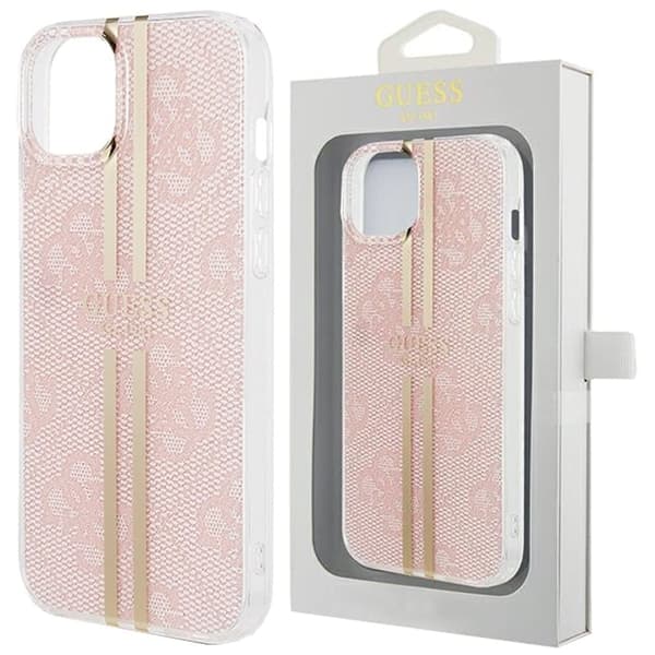 Guess IML 4G Gold Stripe beskyttelsesdeksel for iPhone 15 Plus / 14 Plus - rosa