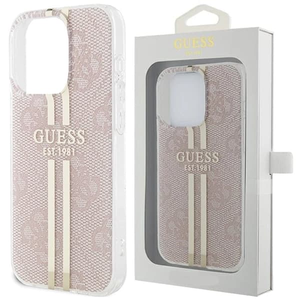 Guess IML 4G Gold Stripe beskyttelsesdeksel til iPhone 15 Pro - rosa