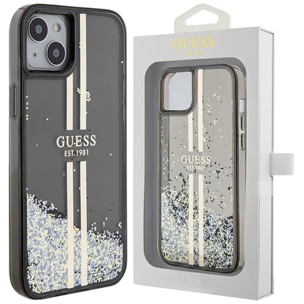 Guess Liquid Glitter Gold Stripes-deksel til iPhone 15/14/13 - Svart