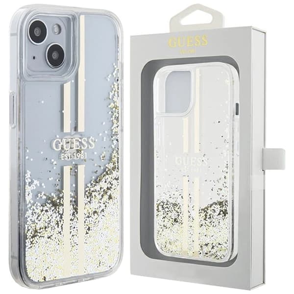 Guess Liquid Glitter Gold Stripes-deksel til iPhone 15 Plus / 14 Plus - Gjennomsiktig