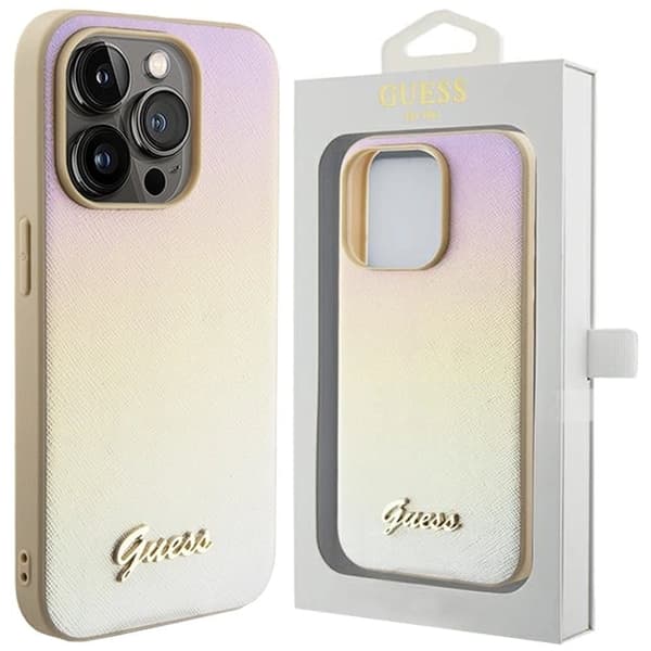 Guess Saffiano Iridescent Script-deksel til iPhone 14 Pro Max - Gull