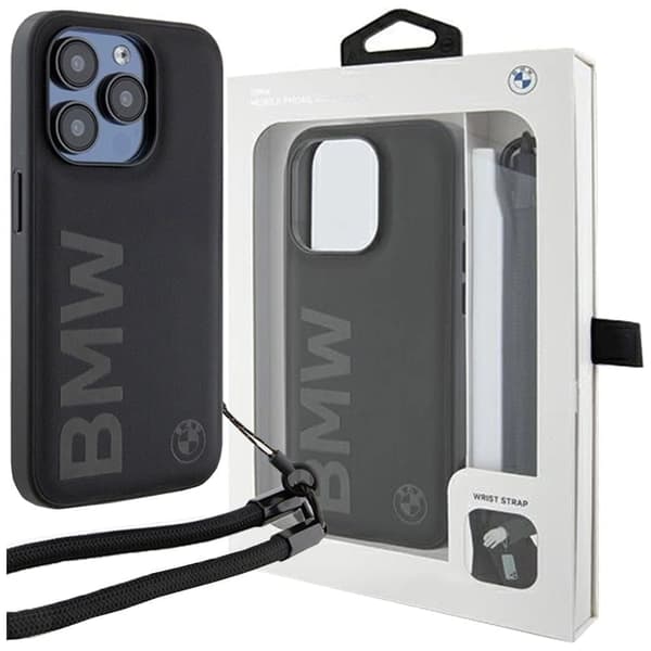 BMW Signature Leather Wordmark Cord Cover for iPhone 15 Pro Max - Svart