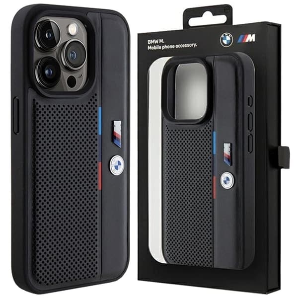 BMW Perforated Tricolor Line beskyttelsesdeksel til iPhone 15 Pro - svart