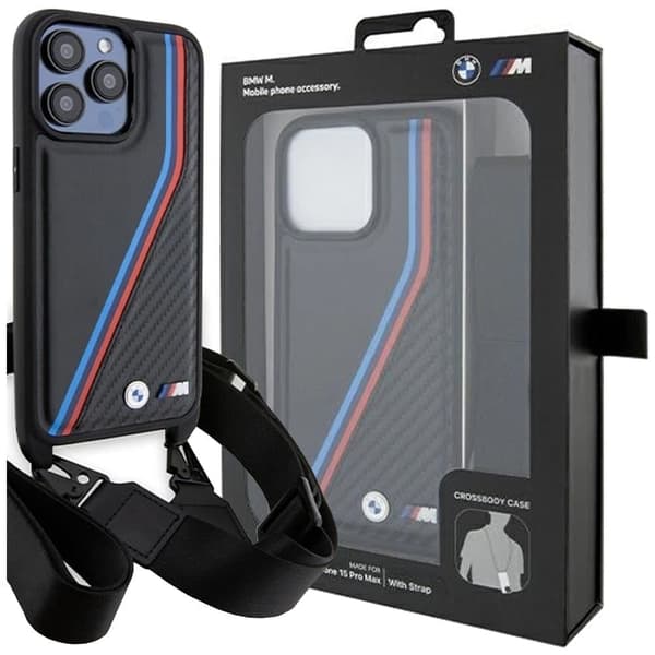 BMW M Edition Carbon Tricolor Lines & Strap Deksel til iPhone 15 Pro - Svart