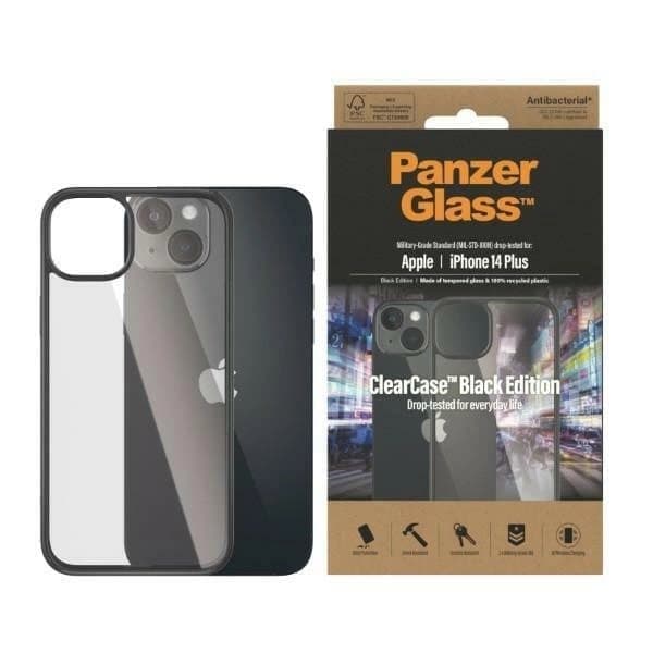 PanzerGlass ClearCase antibakteerinen suojakuori iPhone 14 Plus / 15 Plus -puhelimelle - läpinäkyvä ja musta