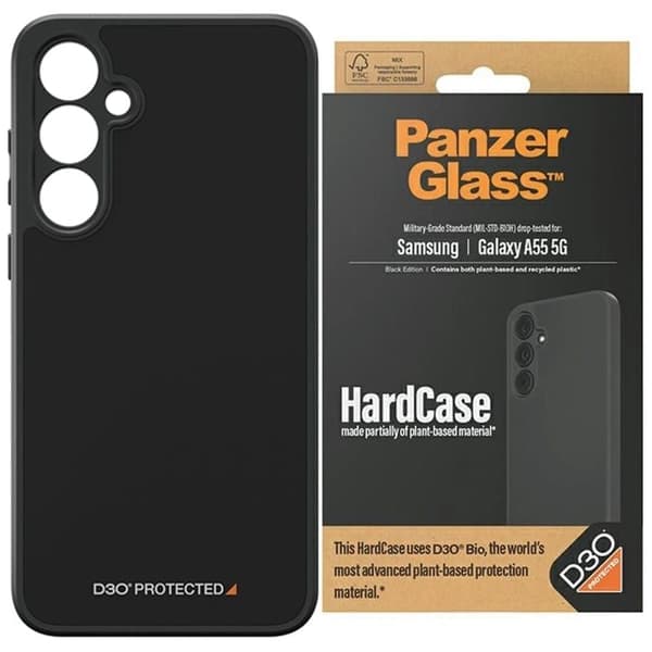 PanzerGlass HardCase D3O® Bio og Military Grade Sertifisert for Samsung Galaxy A55 5G - Gjennomsiktig og svart