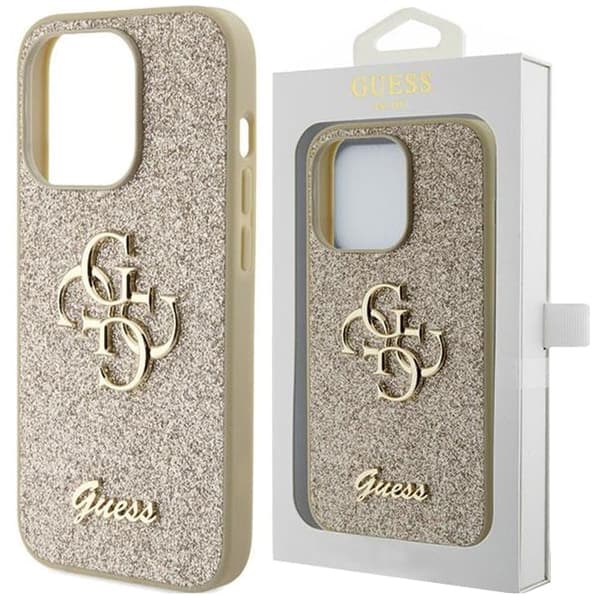 Guess Glitter Script Big 4G-deksel til iPhone 15 - Gull