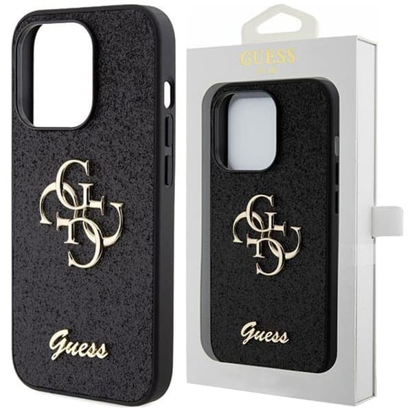 Guess Glitter Script Big 4G deksel til iPhone 15 - svart