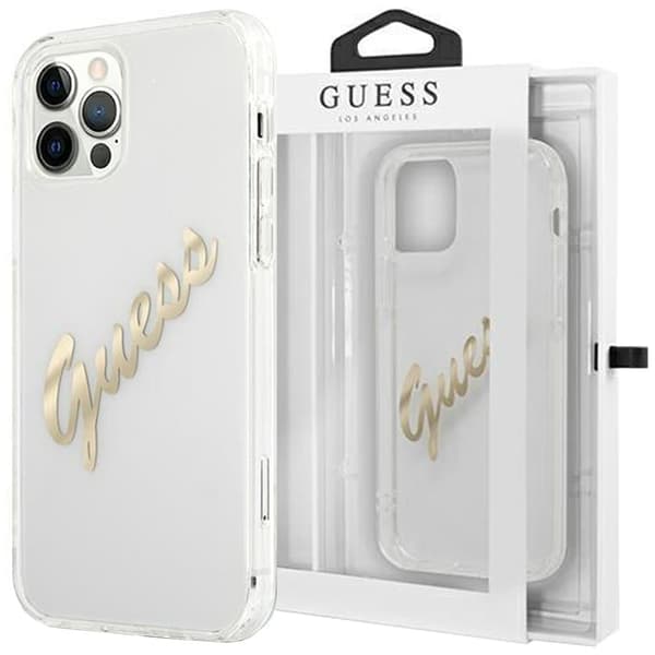 Guess GUHCP12MKTRSVGO iPhone 12/12 Pro 6.1 gjennomsiktig hardt deksel Vintage Script Gold