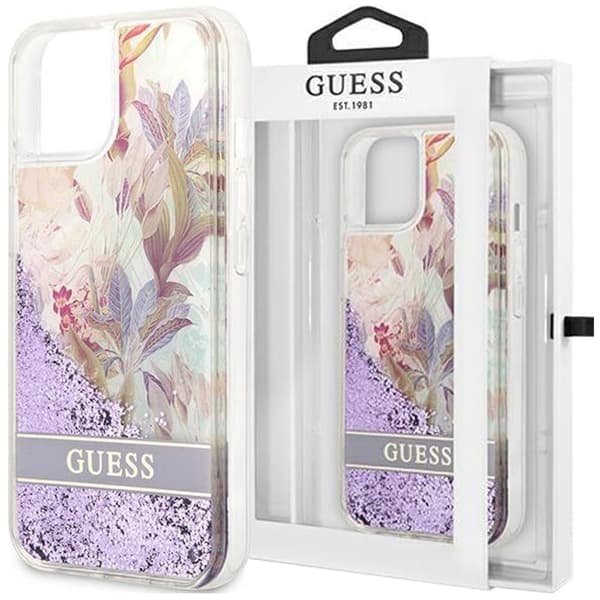 Guess GUHCP13SLFLSU iPhone 13 mini 5.4 lilla/lilla hardt deksel Flower Liquid Glitter