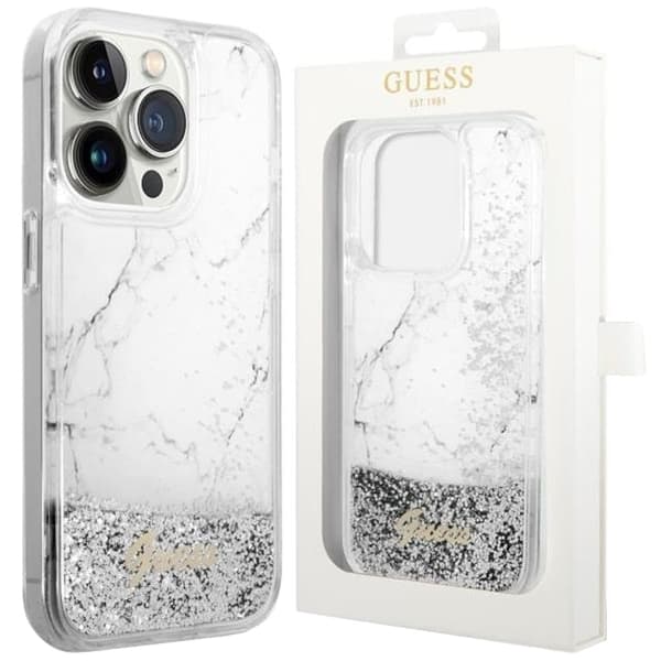 Guess GUHCP14LLCSGSGH-deksel til iPhone 14 Pro - hvit flytende glittermarmor