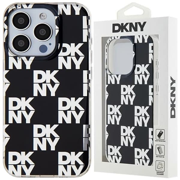 DKNY IML rutete monomønster-deksel til iPhone 15 Pro - Svart