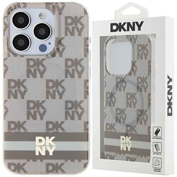 DKNY IML rutete monomønster og trykte striper MagSafe-deksel til iPhone 14 Pro Max - Beige