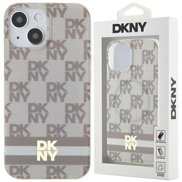 DKNY IML rutete monomønster og trykte striper MagSafe-deksel iPhone 15 Plus / 14 Plus - Beige