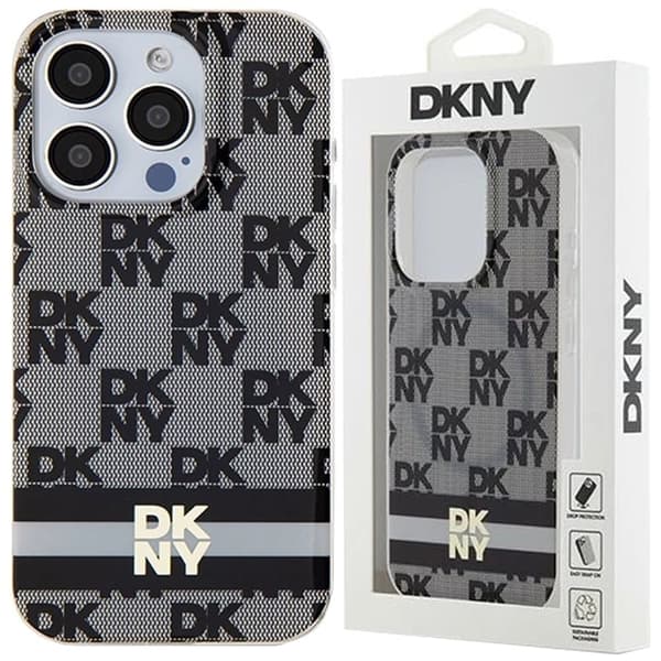 DKNY IML rutete monomønster og trykte striper MagSafe-deksel til iPhone 15 Pro - Svart