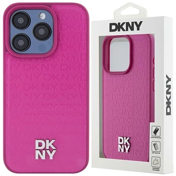 DKNY skinnmonogrammønster metalllogo MagSafe beskyttelsesdeksel til iPhone 15 Pro - Rosa