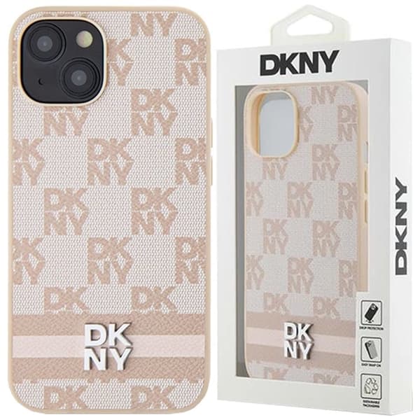 DKNY skinnrutete monomønstermønster og trykte striperveske til iPhone 15/14/13 - Rosa