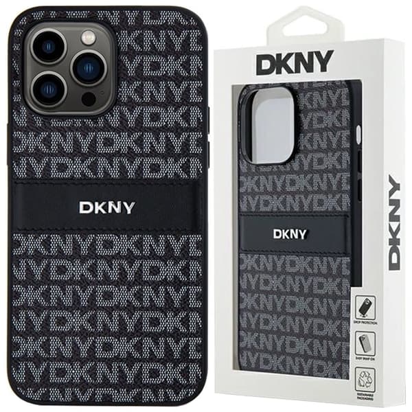 DKNY Leather Mono Stripe & Metal Logo beskyttelsesdeksel til iPhone 14 Pro - svart