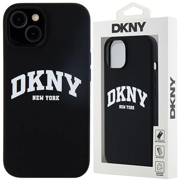 DKNY flytende silikon Hvittrykt logo MagSafe-deksel til iPhone 15 Plus / 14 Plus - Svart