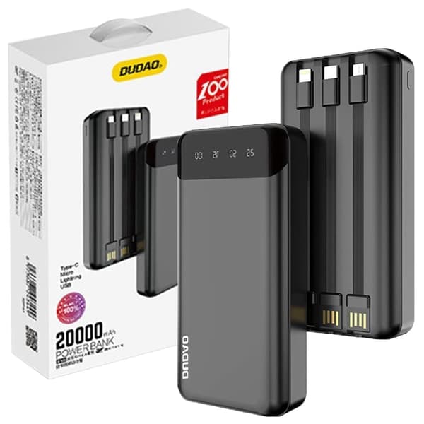 Romslig Dudao strømforsyning med 3 innebygde kabler 20000mAh USB Type C + micro USB + Lynsvart (Dudao K6Pro+)