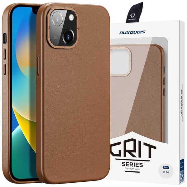 Dux Ducis Grit skinnveske iPhone 14 Plus Elegant kunstskinndeksel (MagSafe-kompatibel) Brun