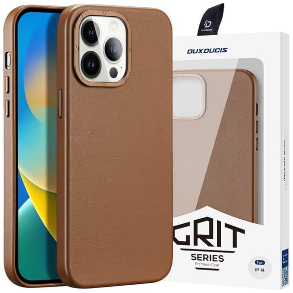 Dux Ducis Grit Lærveske for iPhone 14 Pro Max Stilig kunstskinndeksel (MagSafe-kompatibel) Brun