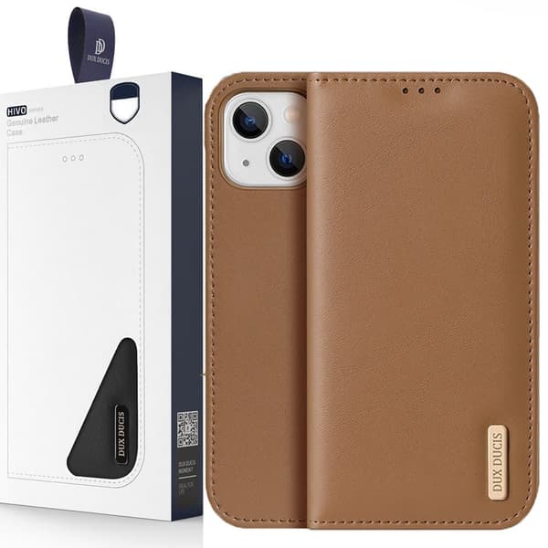 Dux Ducis Hivo lær Flip-veske. Ekte lærveske lommebok for kort og ID-er iPhone 14 Plus Brown