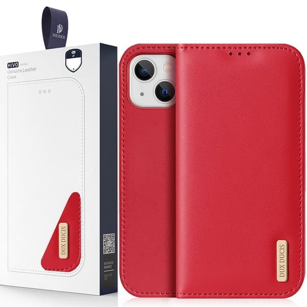 Dux Ducis Hivo lær Flip-veske. Ekte lærveske lommebok for kort og ID-er iPhone 14 Plus rød
