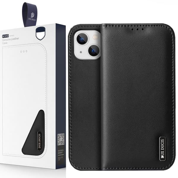Dux Ducis Hivo lær Flip-veske. Ekte lærveske lommebok for kort og ID-er iPhone 14 Plus svart