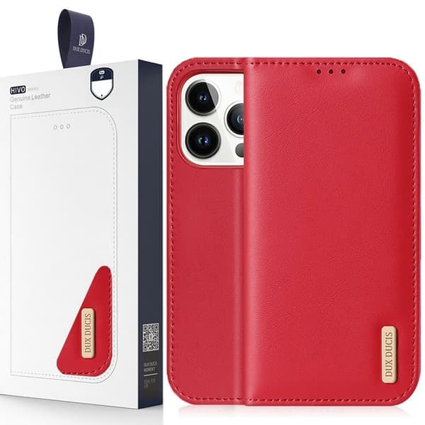 Dux Ducis Hivo lær Flip-veske Lommebok i ekte skinn for kort og ID-er iPhone 14 Pro Max Red