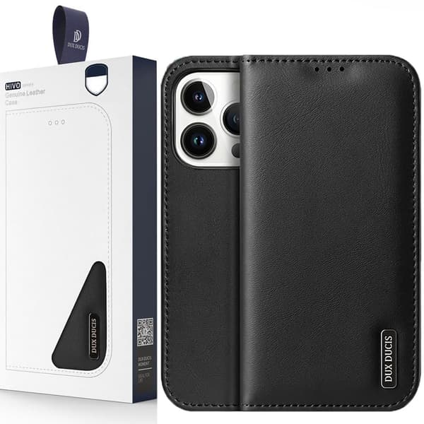 Dux Ducis Hivo lær Flip-deksel i ekte skinn lommebok for kort og ID-er iPhone 14 Pro Max svart