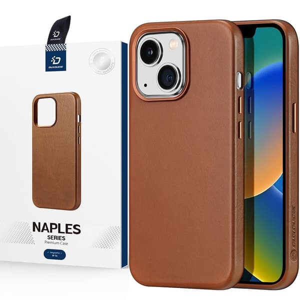 Dux Ducis Naples beskyttelsesdeksel til iPhone 14 magnetisk skinnveske MagSafe brun