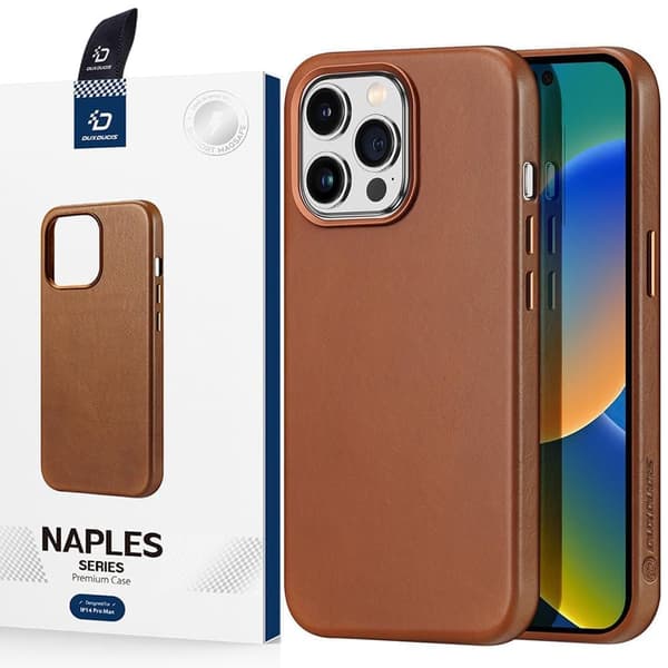 Dux Ducis Naples beskyttelsesdeksel iPhone 14 Pro Max magnetisk skinn MagSafe-deksel brun