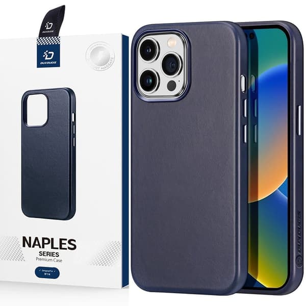 Dux Ducis Naples deksel iPhone 14 Pro Max magnetisk skinnveske MagSafe blå