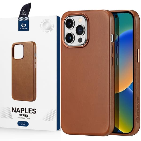 Dux Ducis Naples iPhone 14 Pro-deksel magnetisk skinn MagSafe-deksel brun