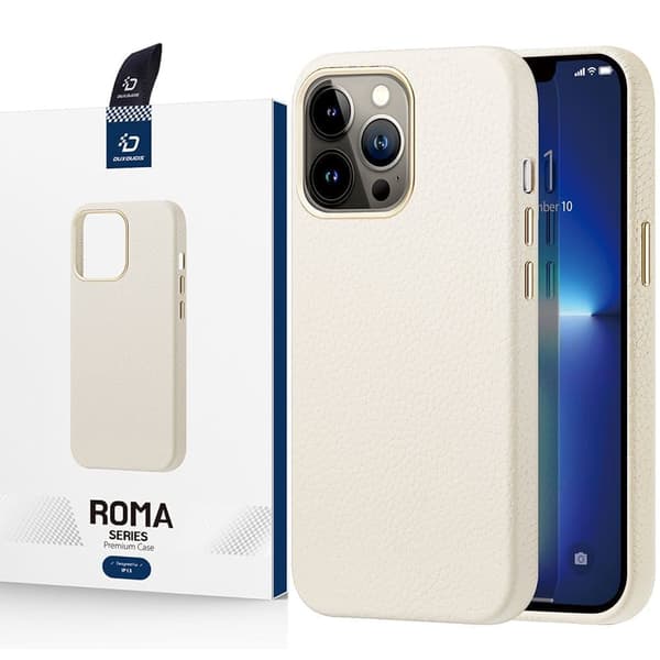 Dux Ducis Roma lærdeksel til iPhone 13 Pro Max. Stilig beskyttelsesveske laget av off-white skinn