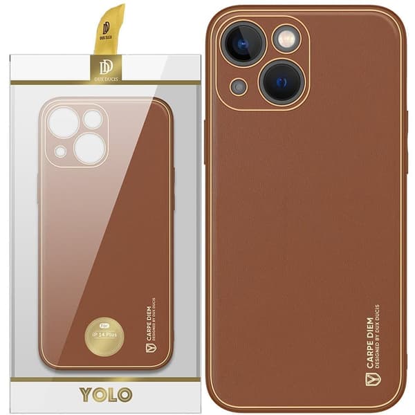 Dux Ducis Yolo iPhone 14 Plus-deksel, stilig deksel laget av brunt økologisk skinn