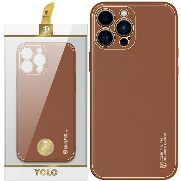 Dux Ducis Yolo iPhone 14 Pro beskyttelsesdeksel, et stilig deksel laget av brunt økologisk skinn